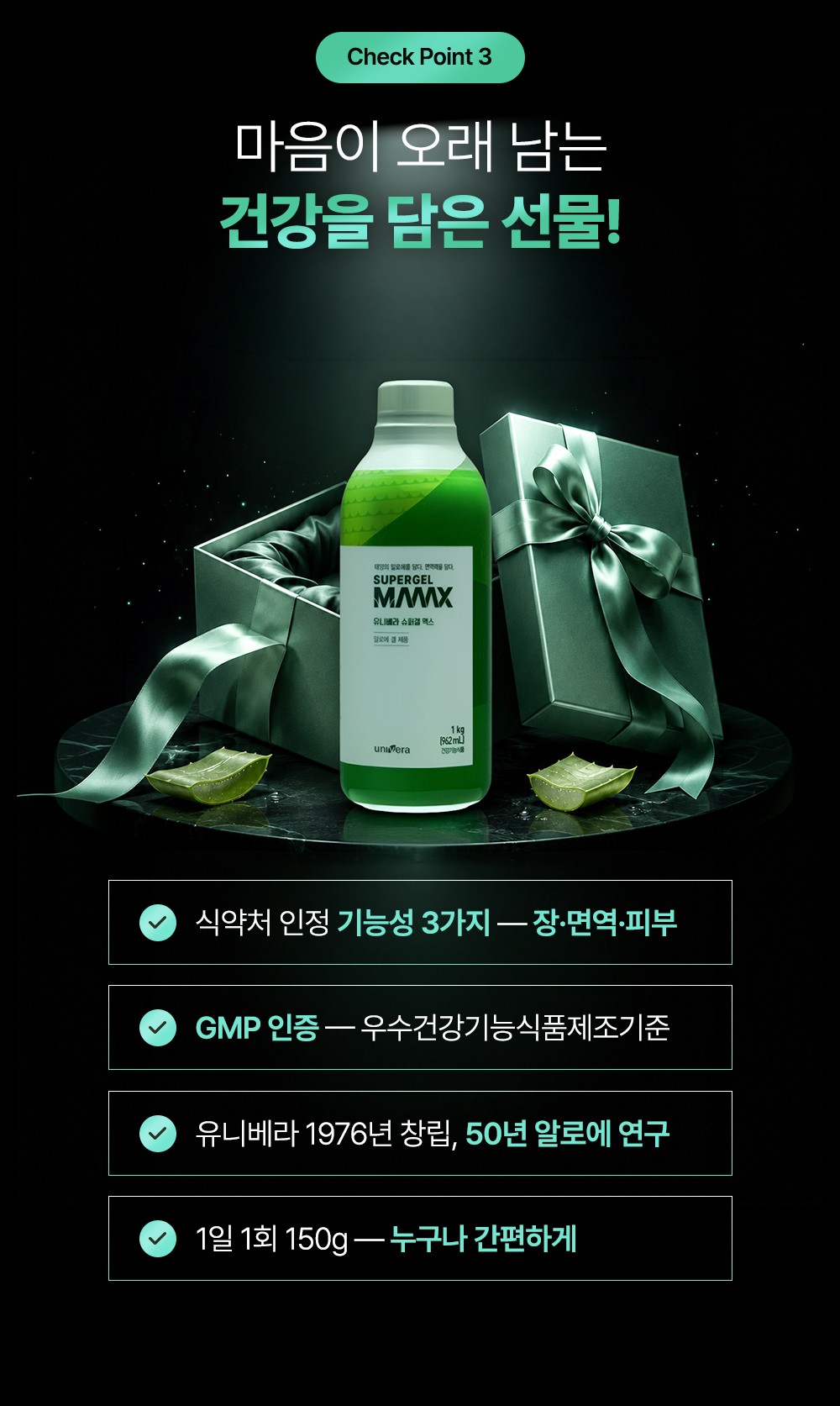 Check Point 3. 마음이 오래 남는 건강을 담은 선물! 열린 선물상자와 초록 리본, 병. 체크 4개: 식약처 인정 기능성 3가지, GMP 인증, 1976년 창립 50년 알로에 연구, 1일 1회 150g