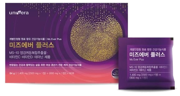 미즈에버 플러스 박스 정면과 그 앞에 세운 멀티팩 1포. 박스 글자: univera, 개별인정형 원료 함유 건강기능식품 | Ms Ever Plus, 미즈에버 플러스, MS-10 엉겅퀴등복합추출물 · 비타민C · 비타민D · 테아닌 제품, 변함없는 건강과 활력있는 삶을 위한 여성 갱년기 전문 케어 건강기능식품, 84 g | 1,400 mg [(500 mg x 1정) + (900 mg x 1정)] x 60포