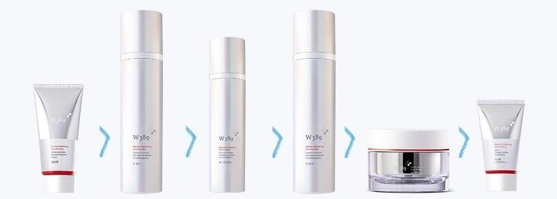 W389 제품 여섯이 차례로 놓인 줄 — 필링젤 튜브, 토너 병, 스팟 에센스 병, 로션 병, 크림 단지, 선크림 튜브(은빛 · 빨간 띠). 사이사이 하늘색 꺾쇠