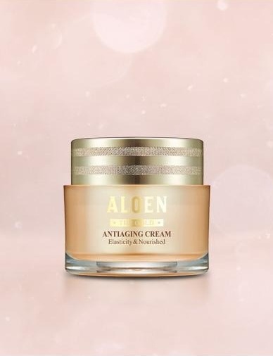 알로엔 안티에이징 크림 50ml 용기. 용기 글자: ALOEN, THE GOLD, ANTIAGING CREAM, Elasticity & Nourished
