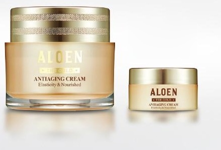 알로엔 안티에이징 크림 단지 둘 — 본품(큰 단지)과 증정품(작은 단지). 용기 글자: ALOEN, THE GOLD, ANTIAGING CREAM, Elasticity & Nourished