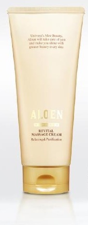 알로엔 리바이탈 마사지 크림 튜브(금색 뚜껑). 용기 글자: ALOEN, THE GOLD, REVITAL MASSAGE CREAM, Relaxing & Purification