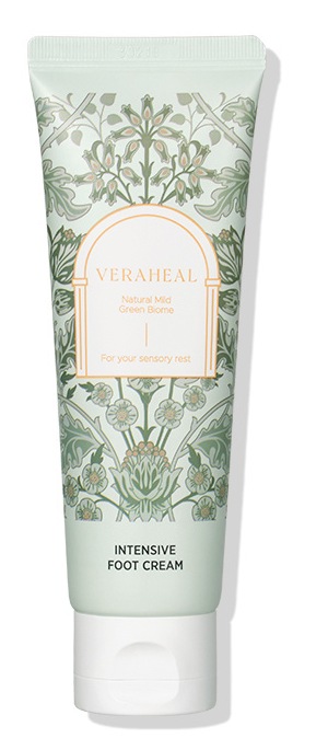 연녹색 꽃무늬 튜브 — VERAHEAL · Natural Mild Green Biome · For your sensory rest · INTENSIVE FOOT CREAM